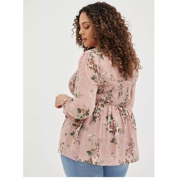 Torrid Babydoll Chiffon Smocked Top in Floral Pink 3 - Picture 7 of 8